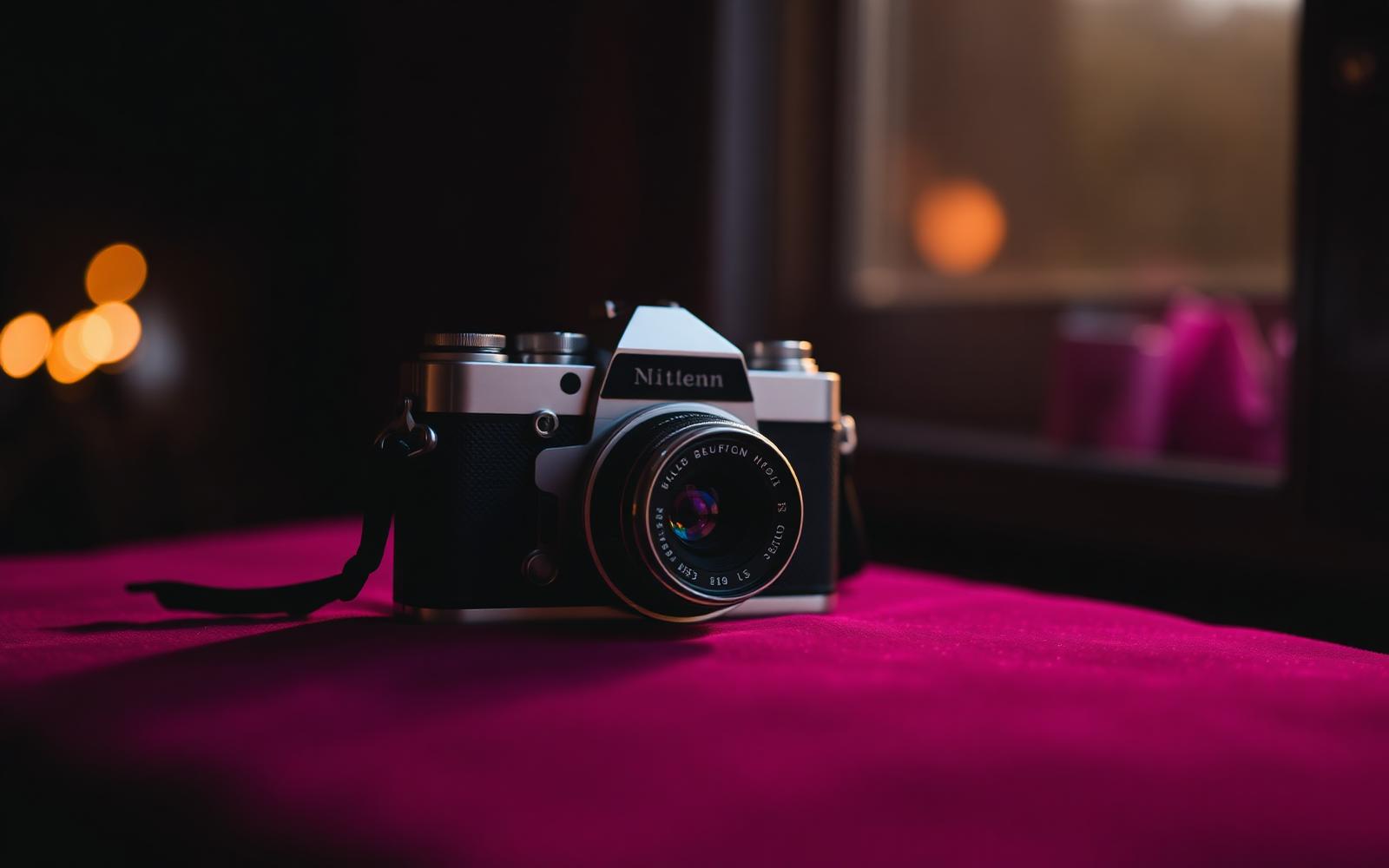 Vintage camera on plum velvet in golden hour light